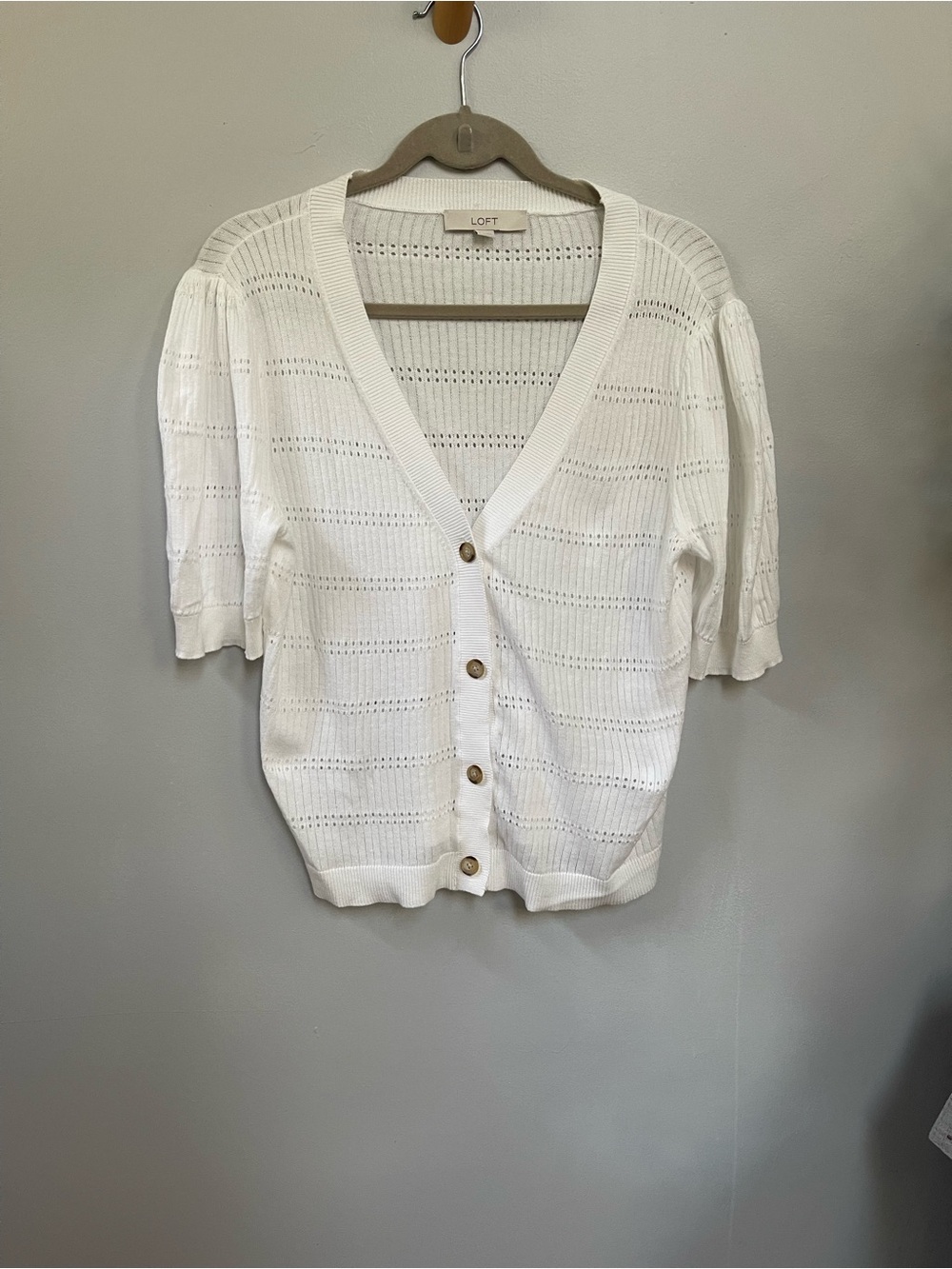 LOFT Cream Open-Knit Button Front Short Sleeve Cardigan